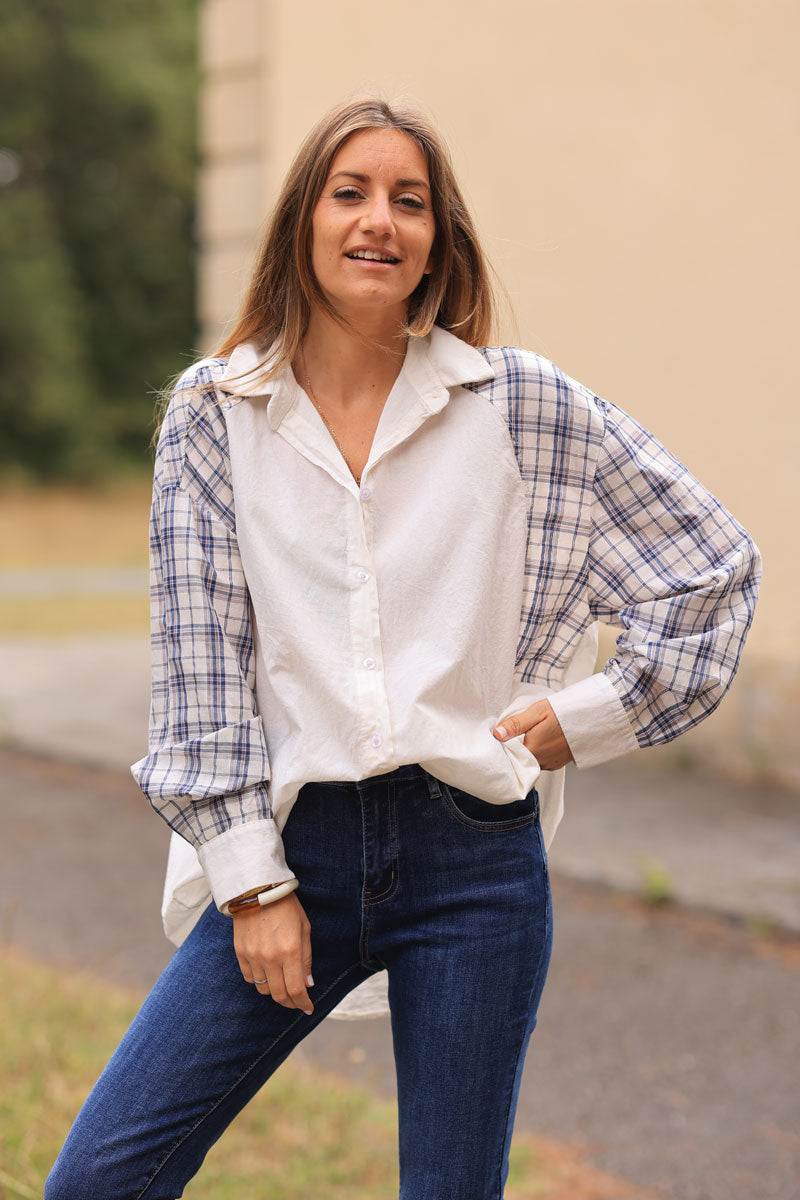 Off white floaty cotton shirt with blue tartan print sleeves