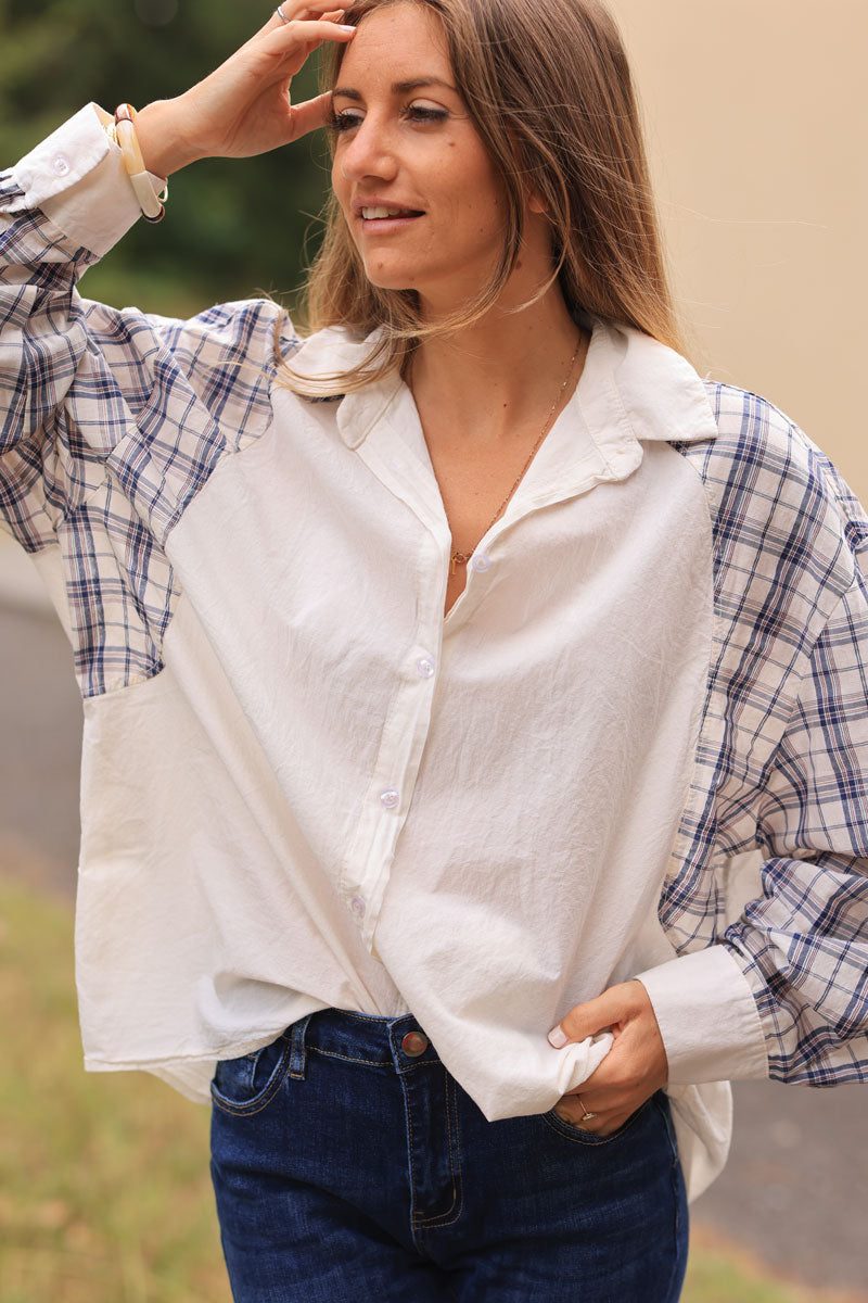 Off white floaty cotton shirt with blue tartan print sleeves