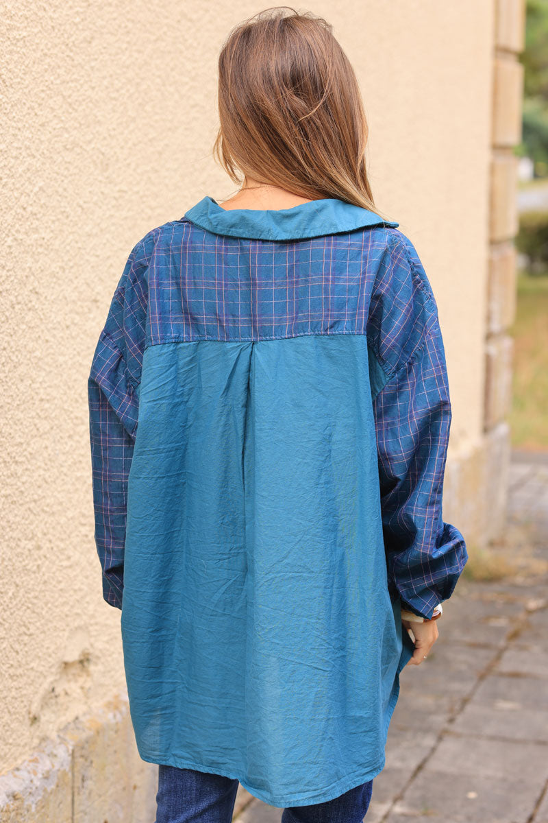 Peacock blue floaty cotton shirt with tartan print sleeves