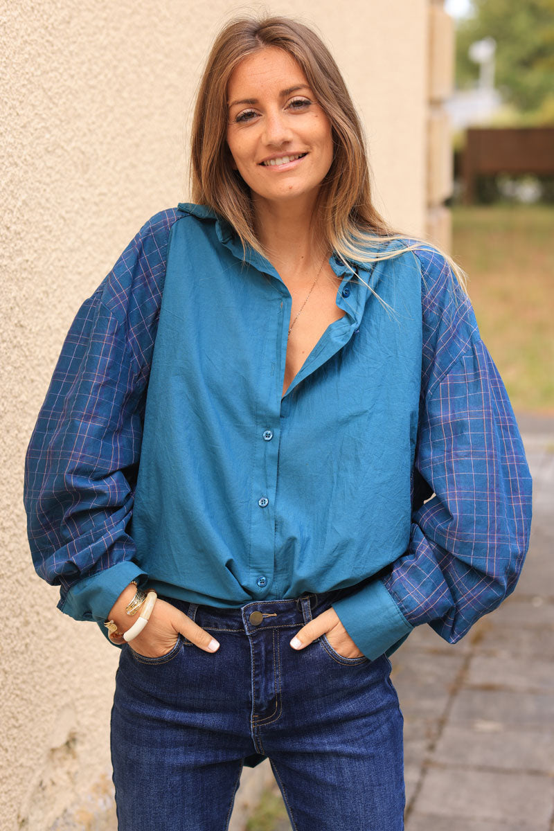 Peacock blue floaty cotton shirt with tartan print sleeves