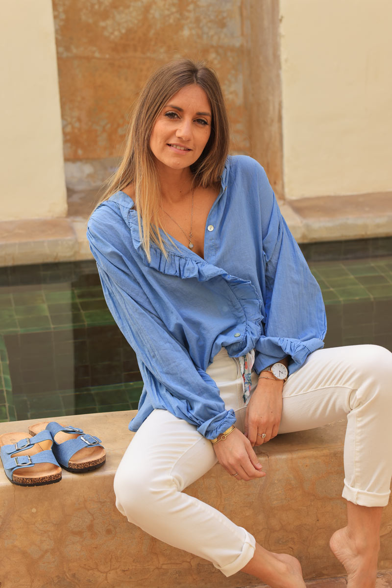 Oversized dusty blue shirt with frill collar and button seams