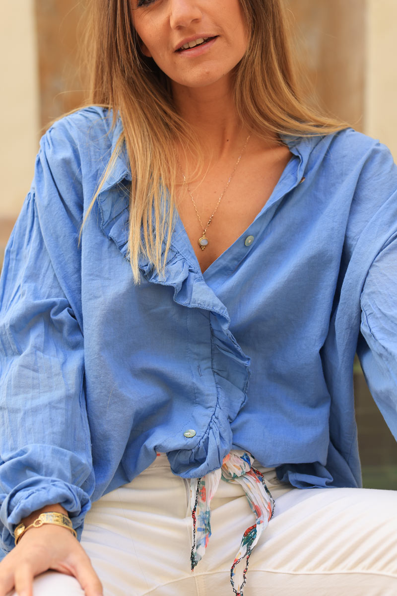 Oversized dusty blue shirt with frill collar and button seams
