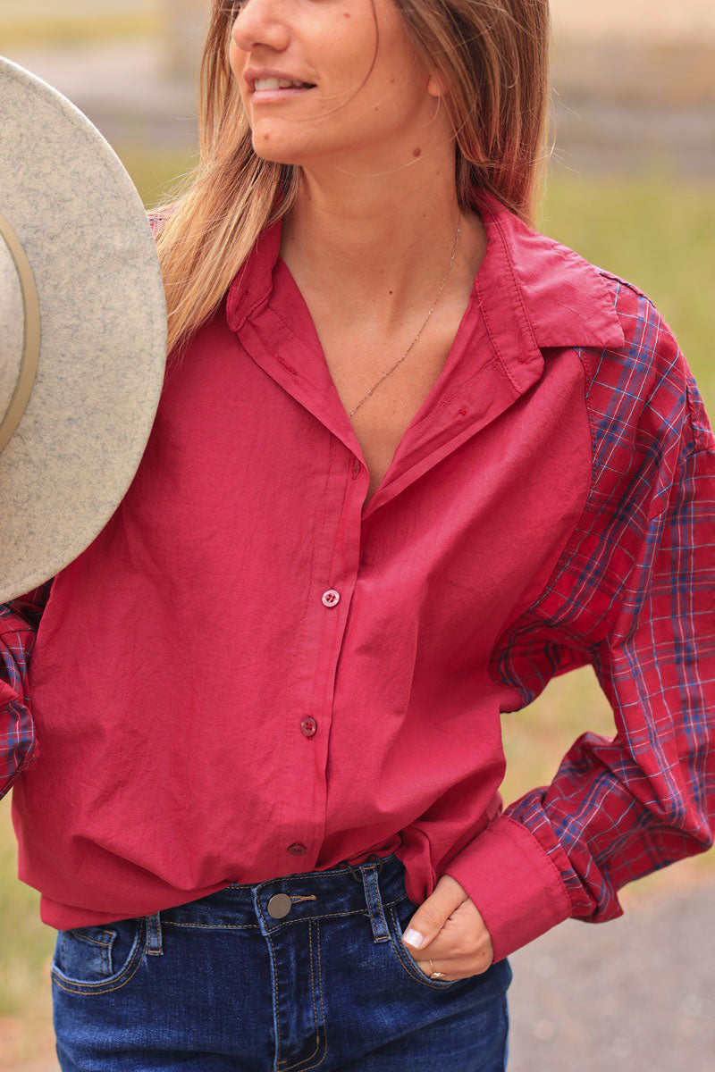 Burgundy red floaty cotton shirt with tartan print sleeves