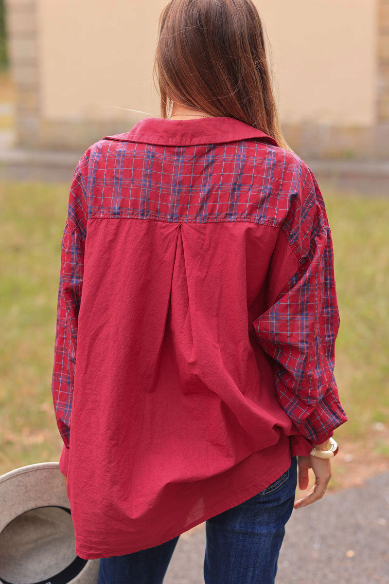 Burgundy red floaty cotton shirt with tartan print sleeves