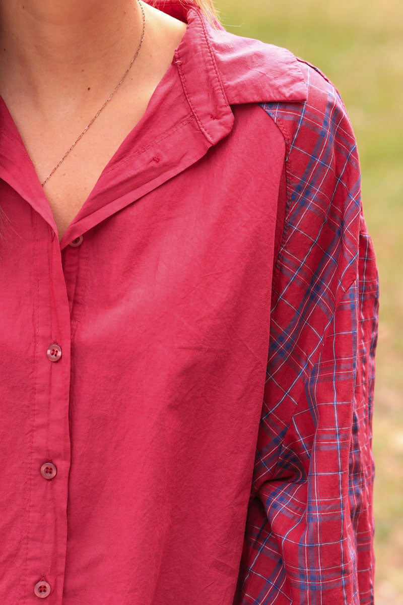 Burgundy red floaty cotton shirt with tartan print sleeves