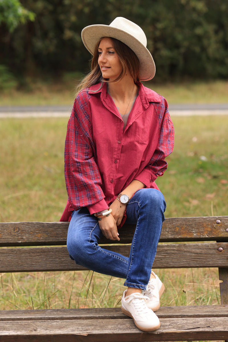 Burgundy red floaty cotton shirt with tartan print sleeves