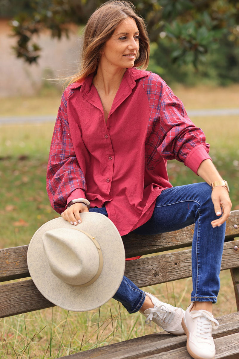 Burgundy red floaty cotton shirt with tartan print sleeves