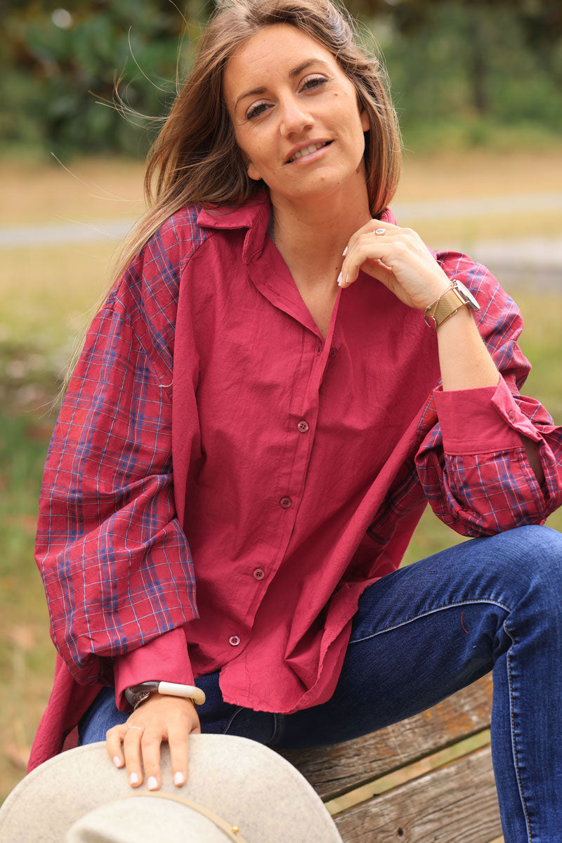 Burgundy red floaty cotton shirt with tartan print sleeves