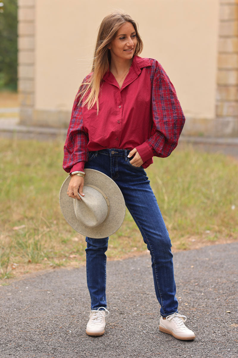 Burgundy red floaty cotton shirt with tartan print sleeves