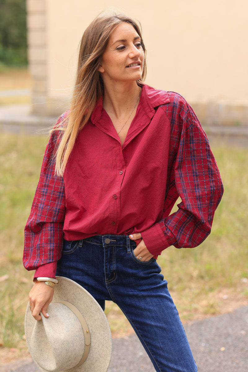 Burgundy red floaty cotton shirt with tartan print sleeves