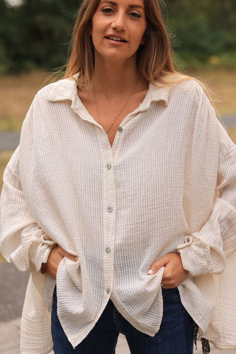 Ecru oversized shirt with stripes embroidery