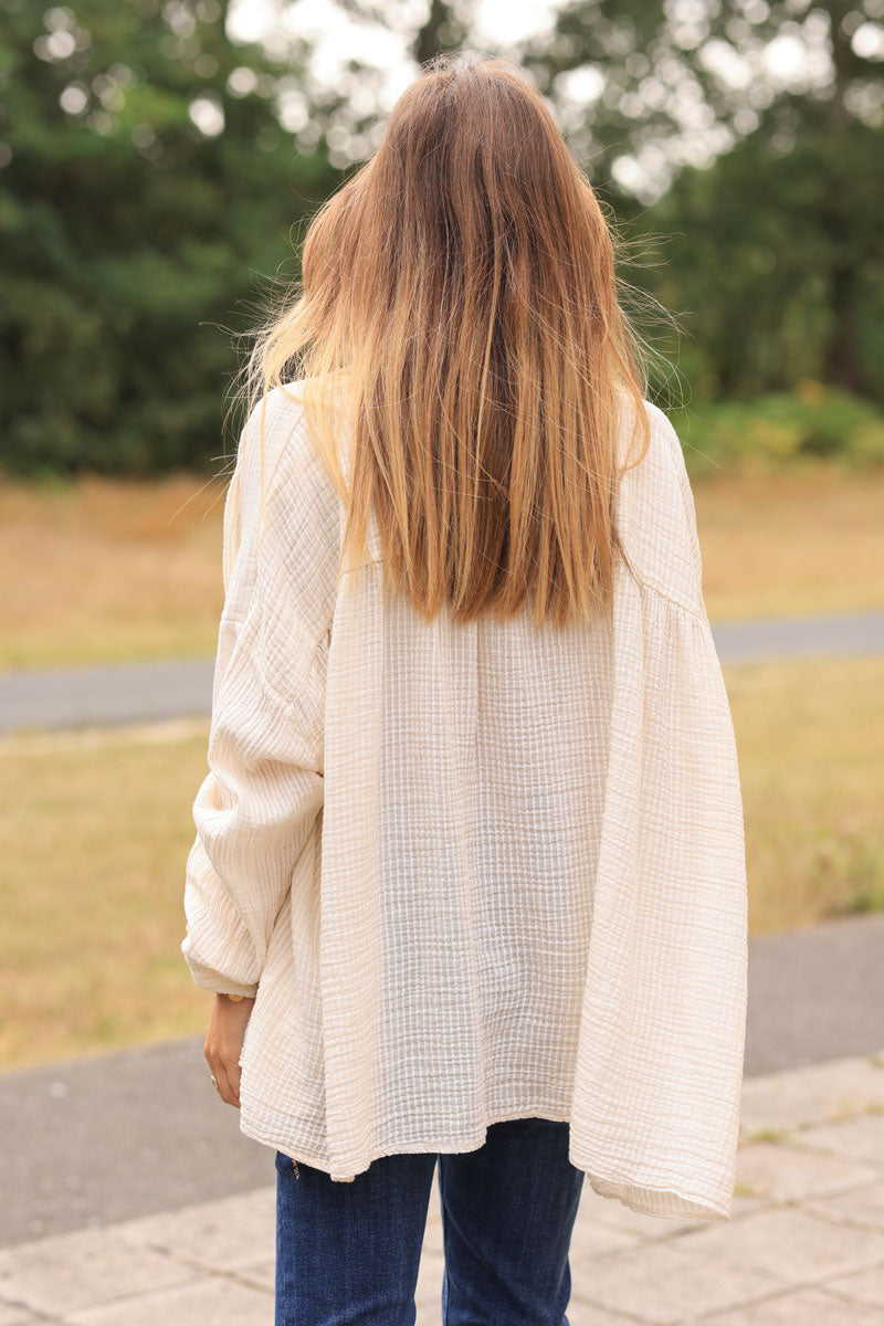 Ecru oversized shirt with stripes embroidery