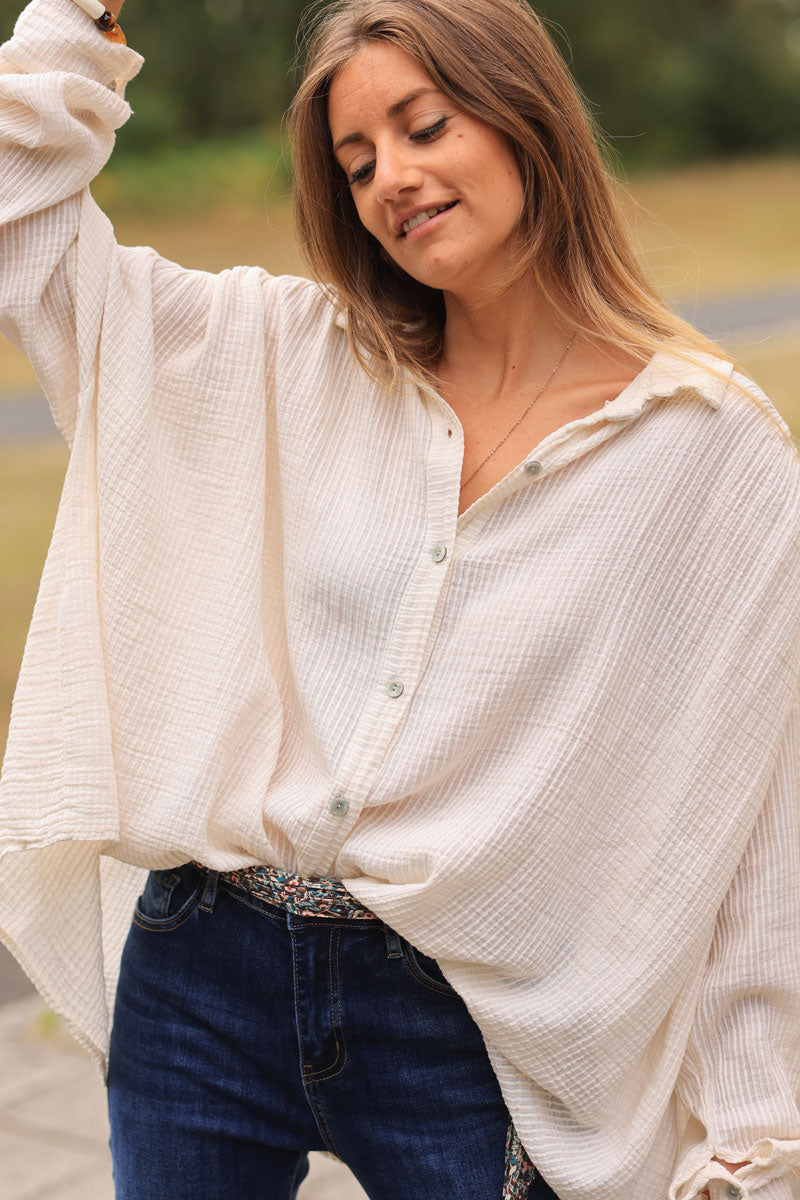 Ecru oversized shirt with stripes embroidery