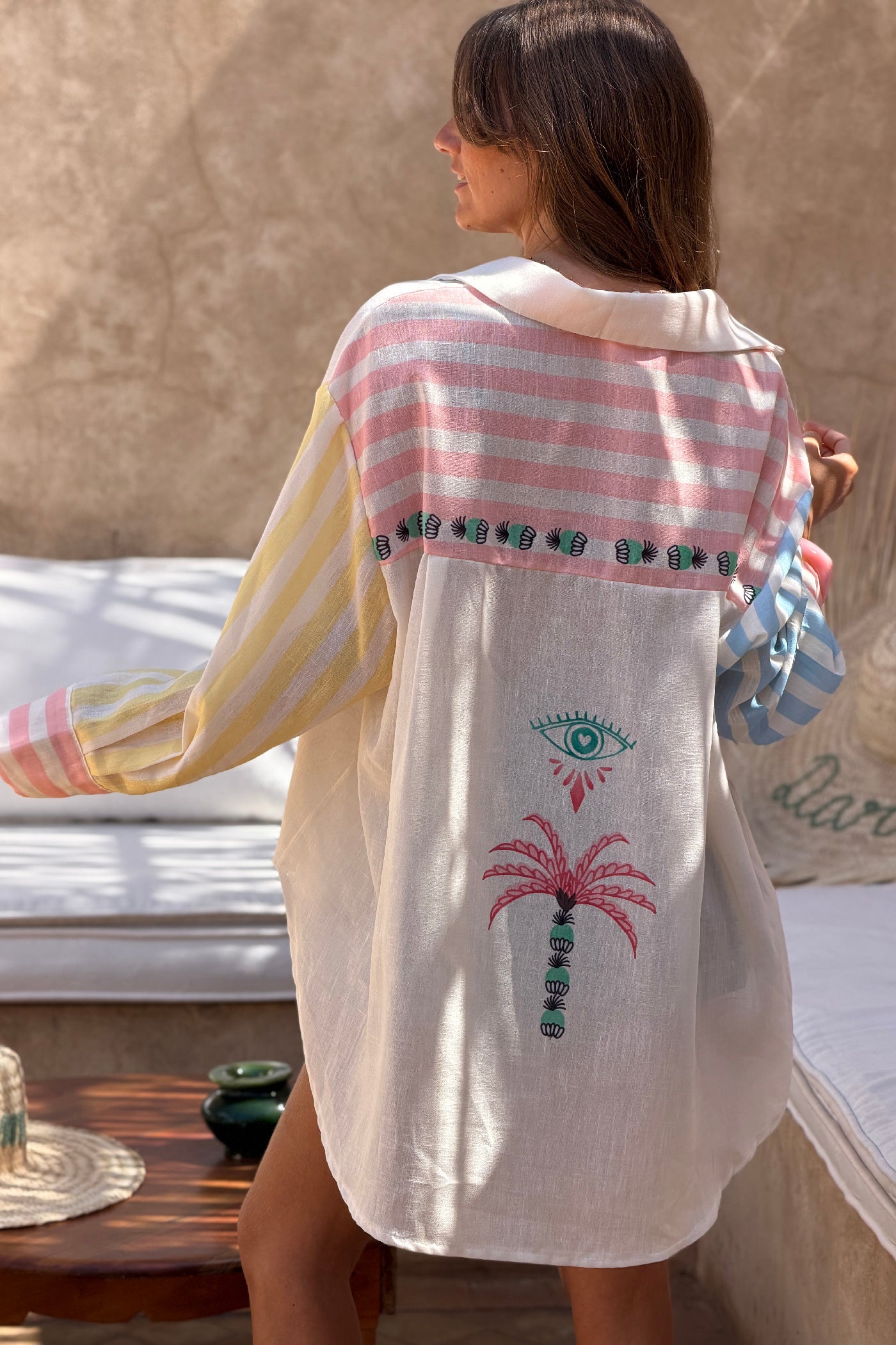 Cream “Pink Palms” Cabana Sleeve Blouse