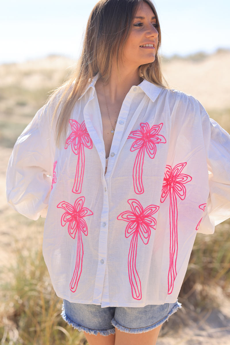Off-white oversized shirt with fuchsia palm tree embroidery