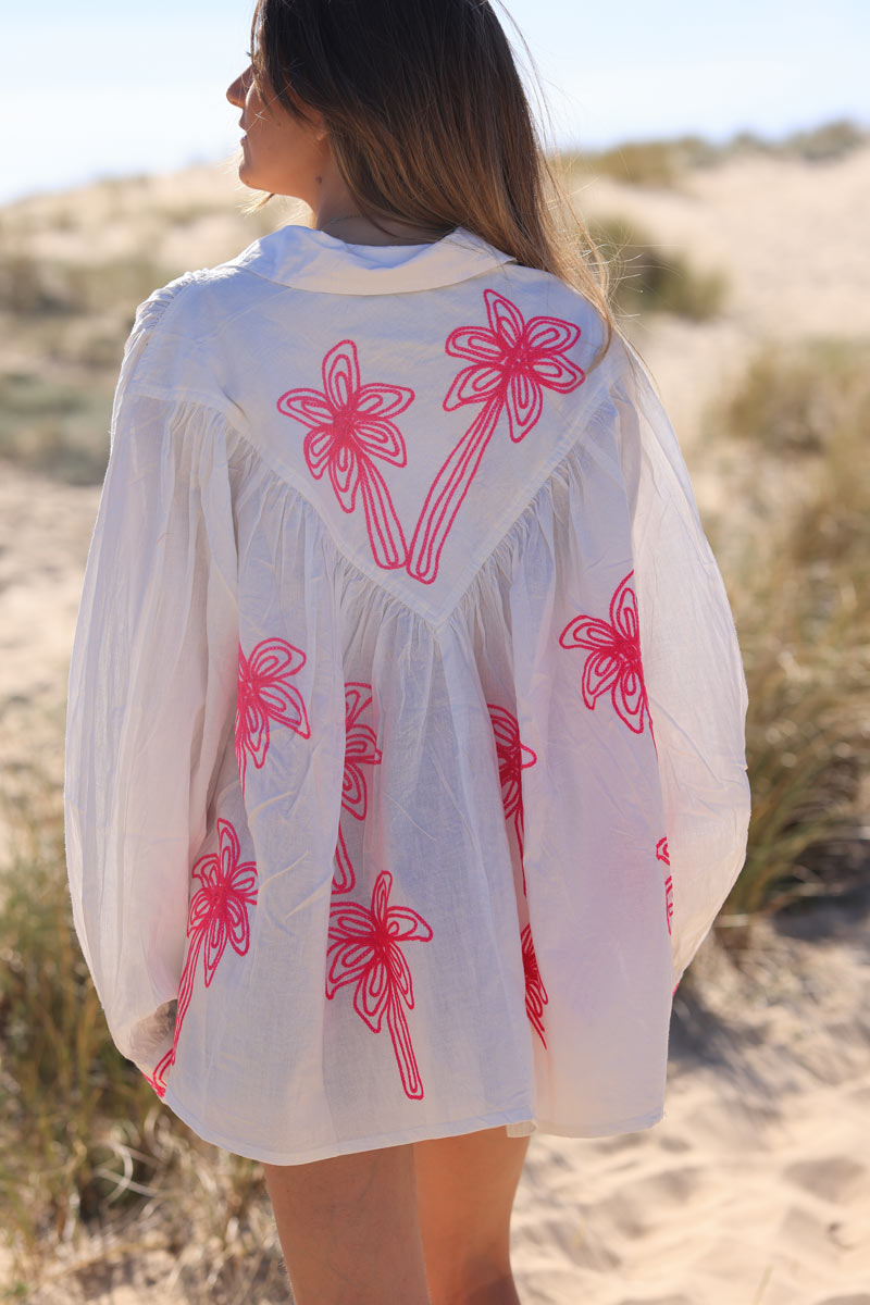 Off-white oversized shirt with fuchsia palm tree embroidery