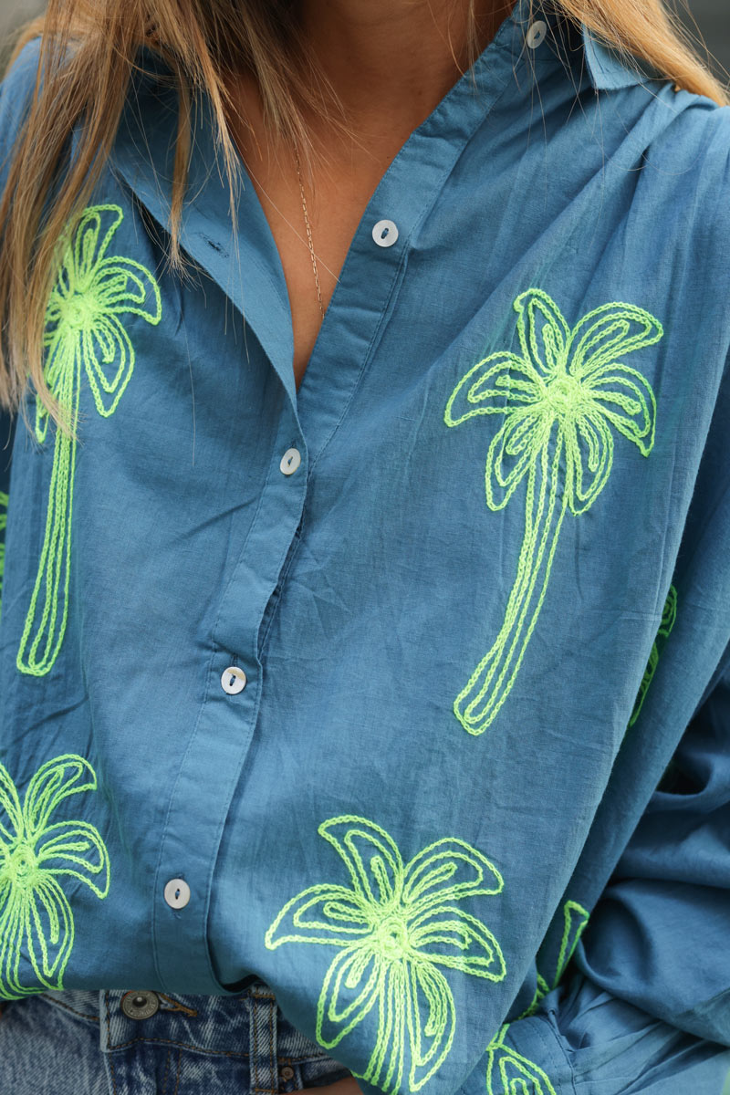 Petrol blue oversized shirt with fluorescent yellow palm tree embroidery