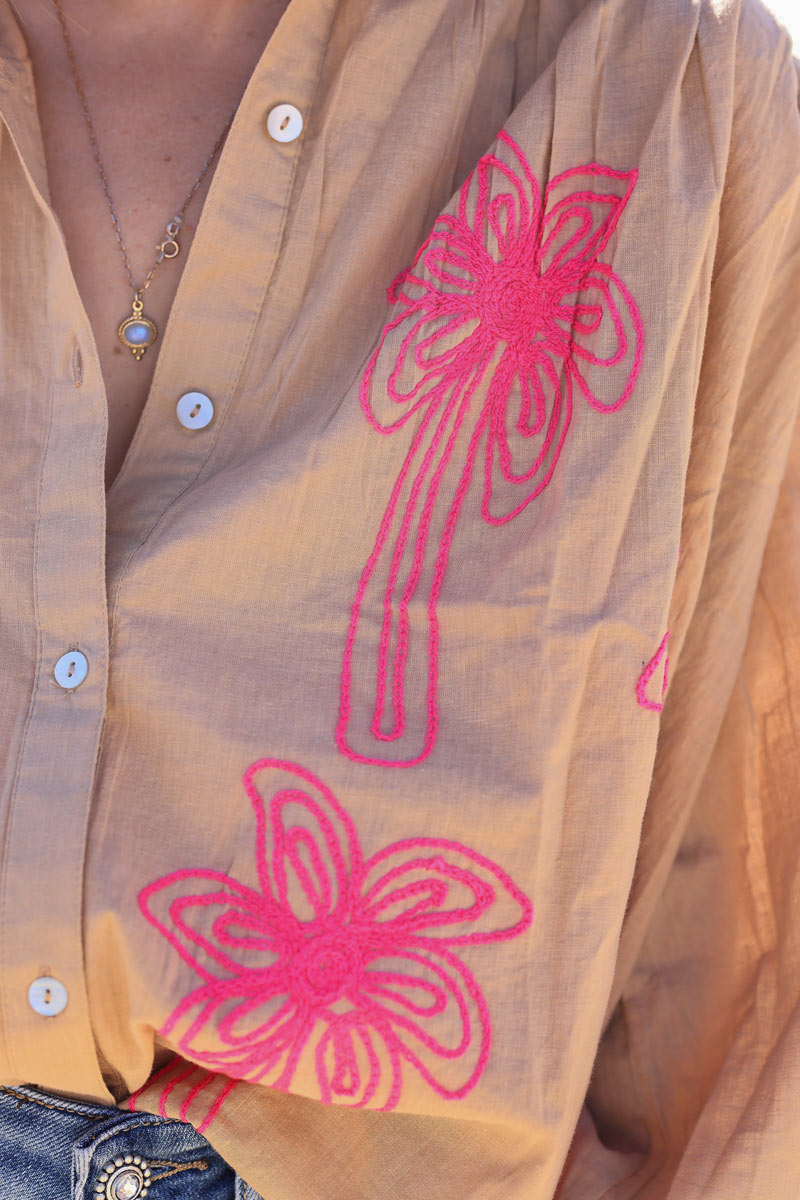 Camel oversized shirt with fuchsia palm tree embroidery