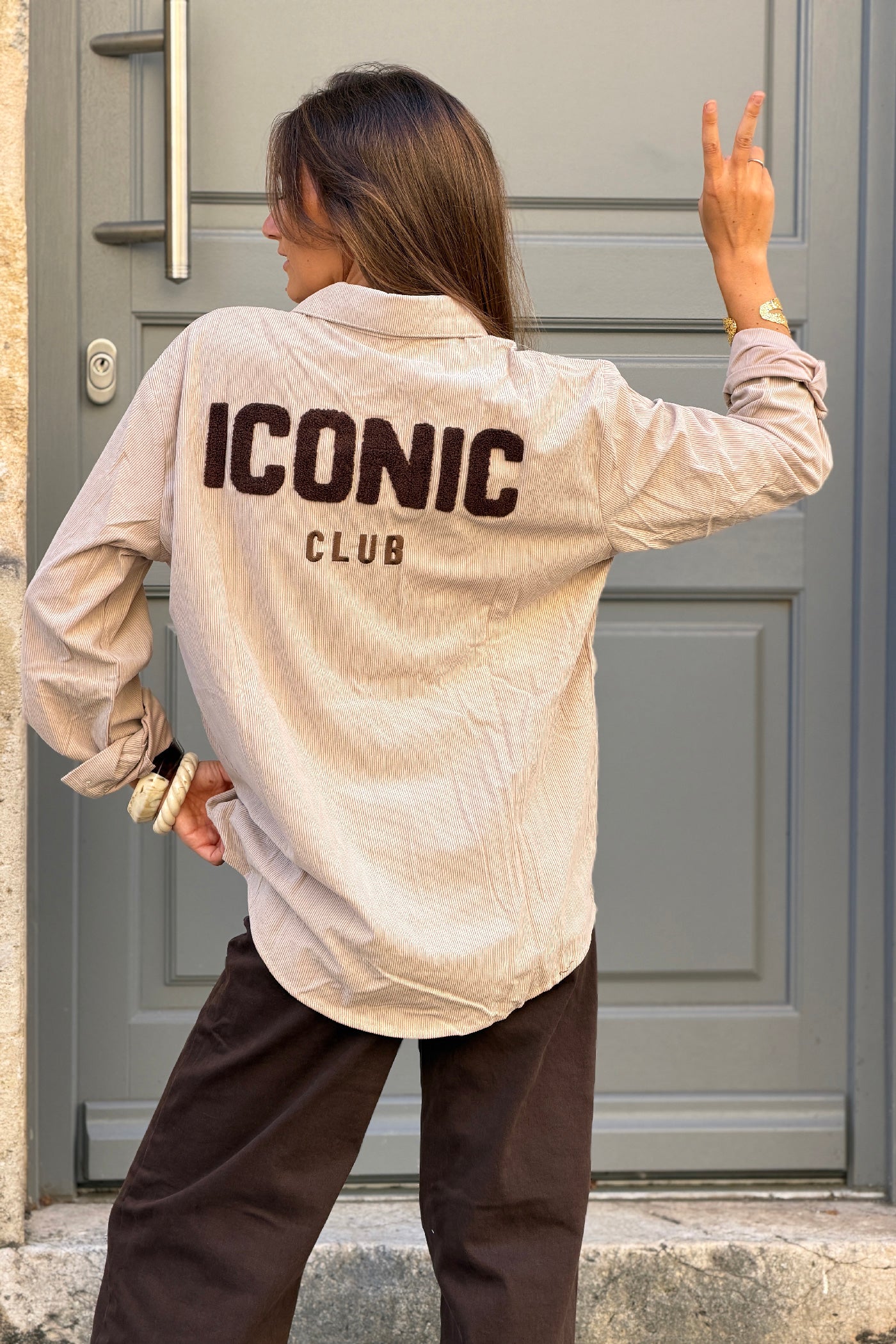 Chemise loose en velours côtelé beige broderie Iconic marron