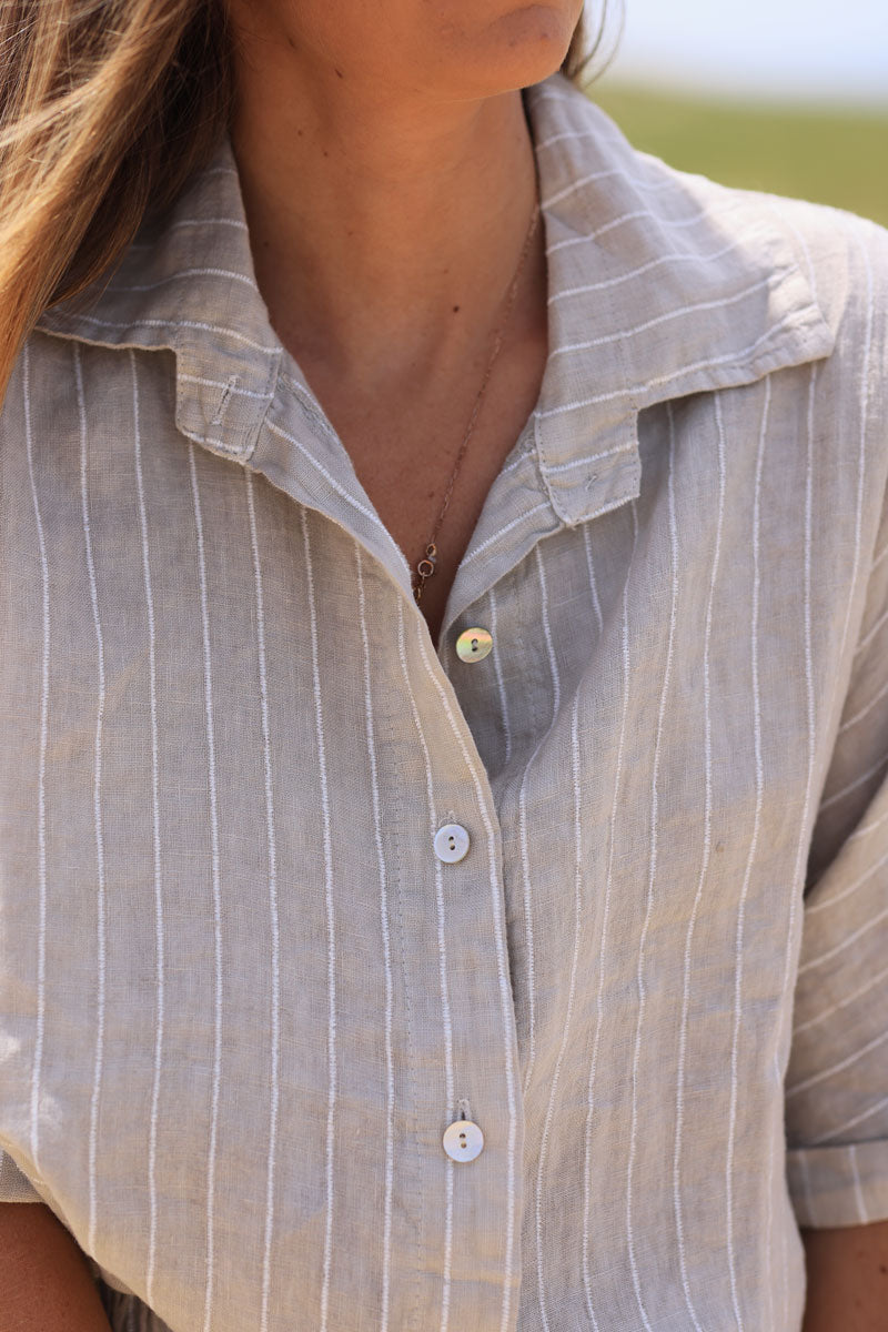 Linen floaty shirt with white stripes embroidery