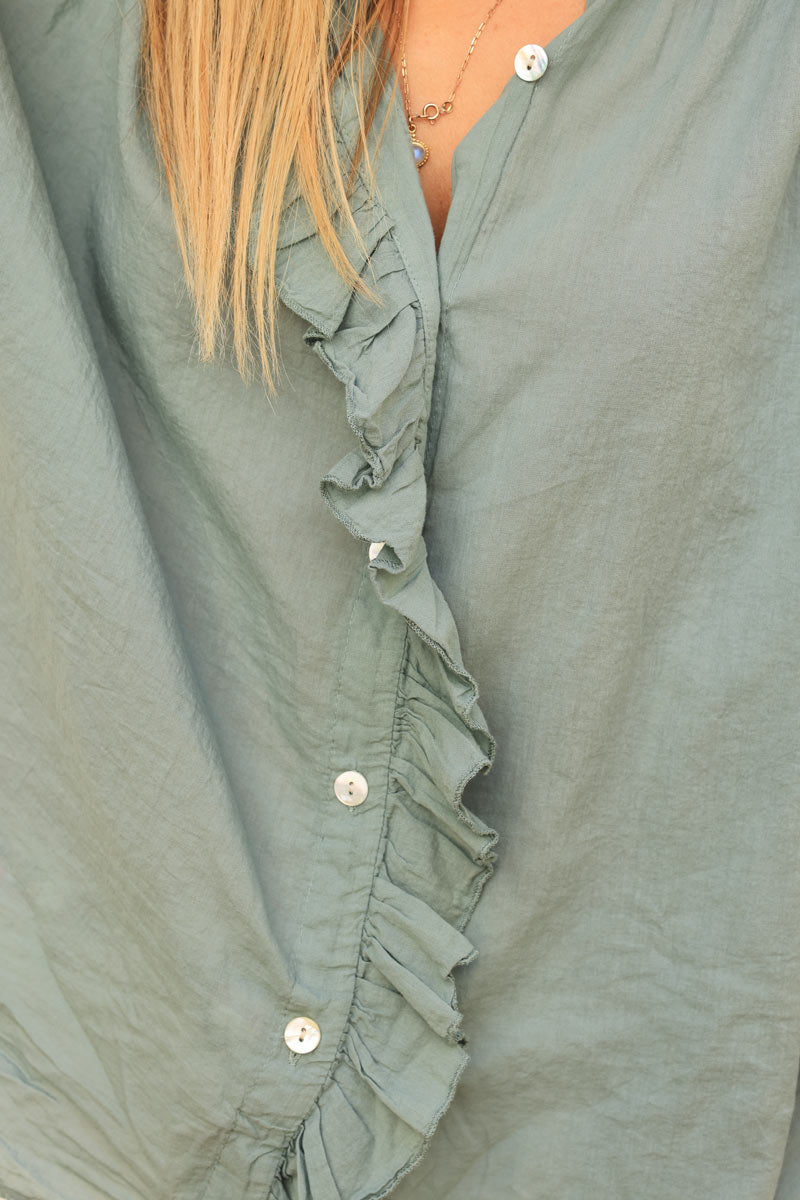 Oversized light khaki shirt with frill collar and button seams