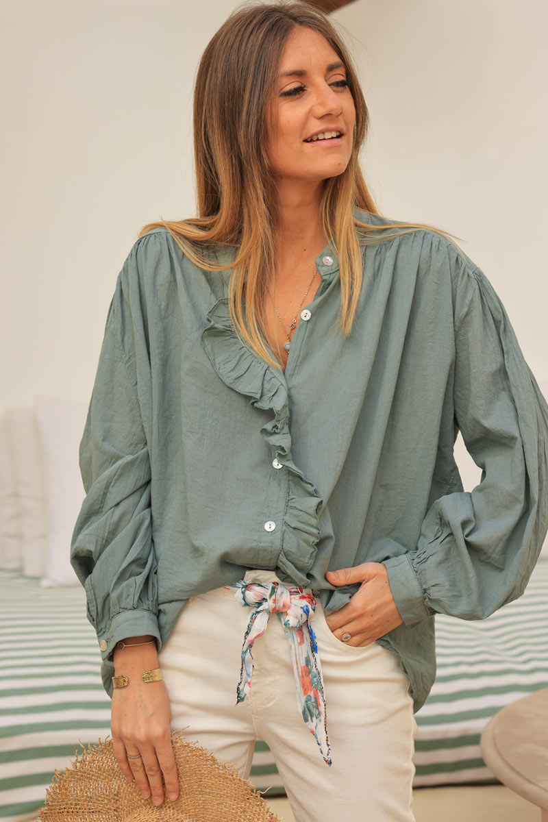 Oversized light khaki shirt with frill collar and button seams