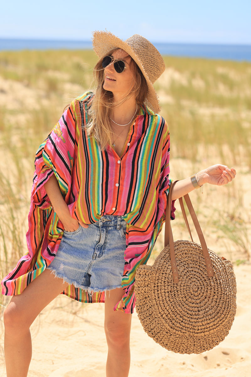 Oversized floaty shirt with fuchsia stripes and colorful pearl detail