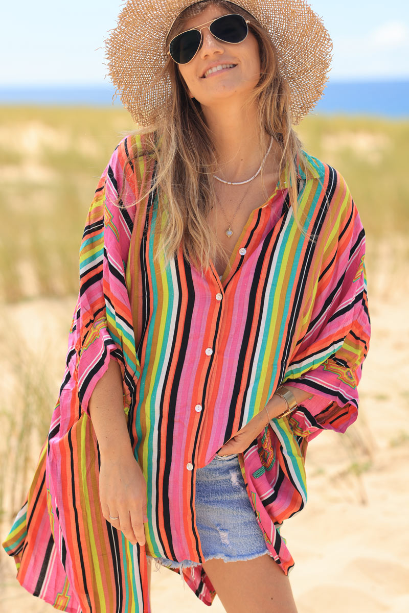Oversized floaty shirt with fuchsia stripes and colorful pearl detail