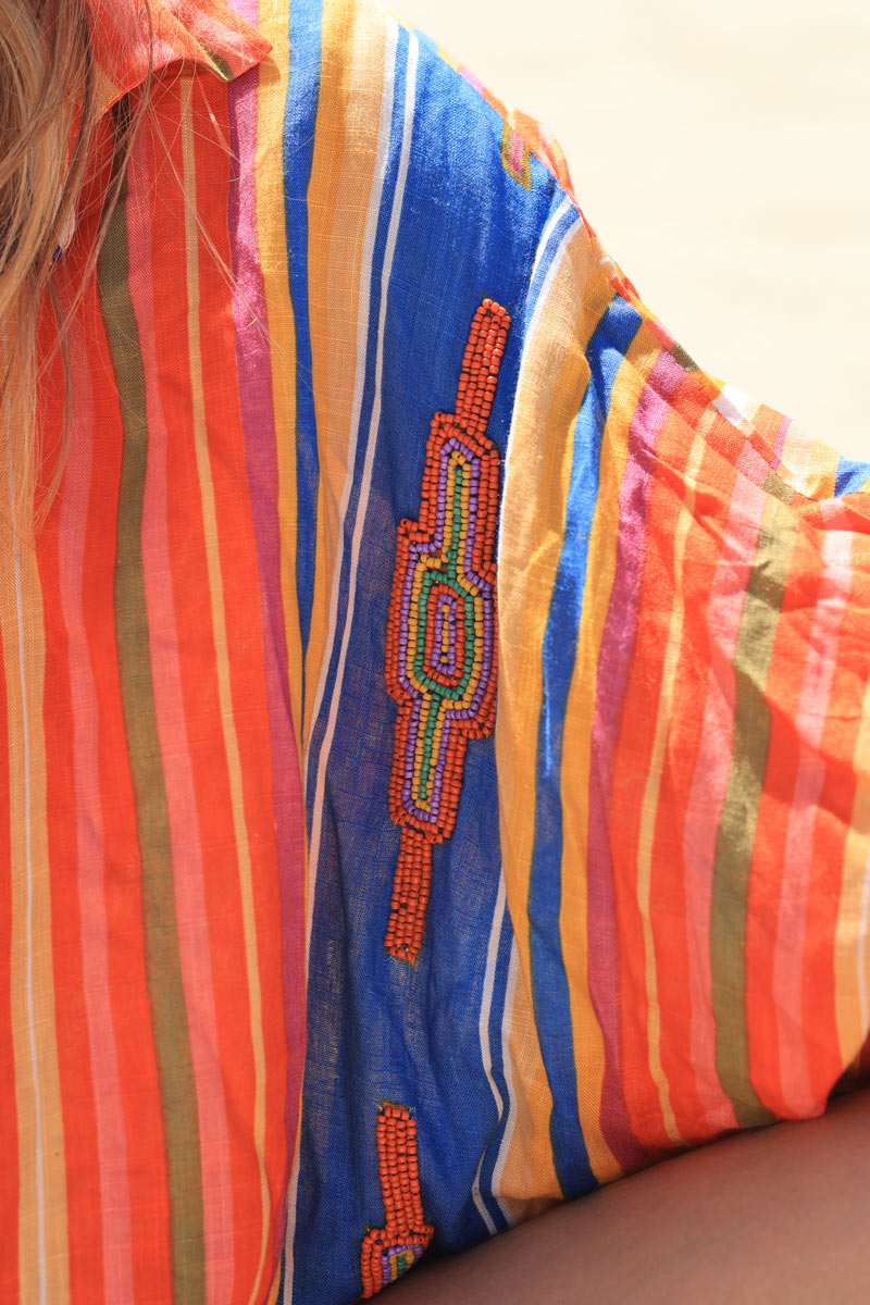 Chemise loose longue et fluide rayures verticales orangés colorées motifs en perles