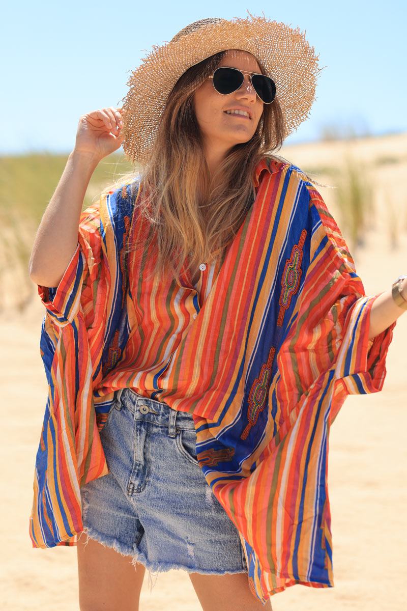 Oversized floaty shirt with orange stripes and colorful pearl detail