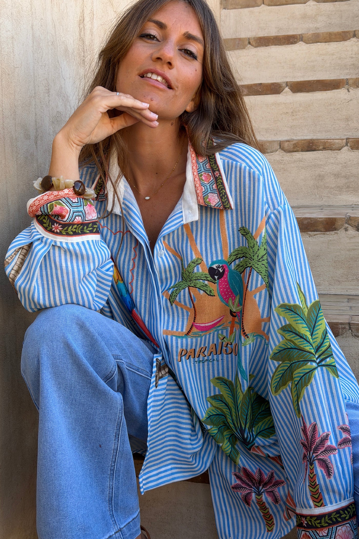 Blue Pinstripe “Paradiso” Tropical Button-Down Blouse