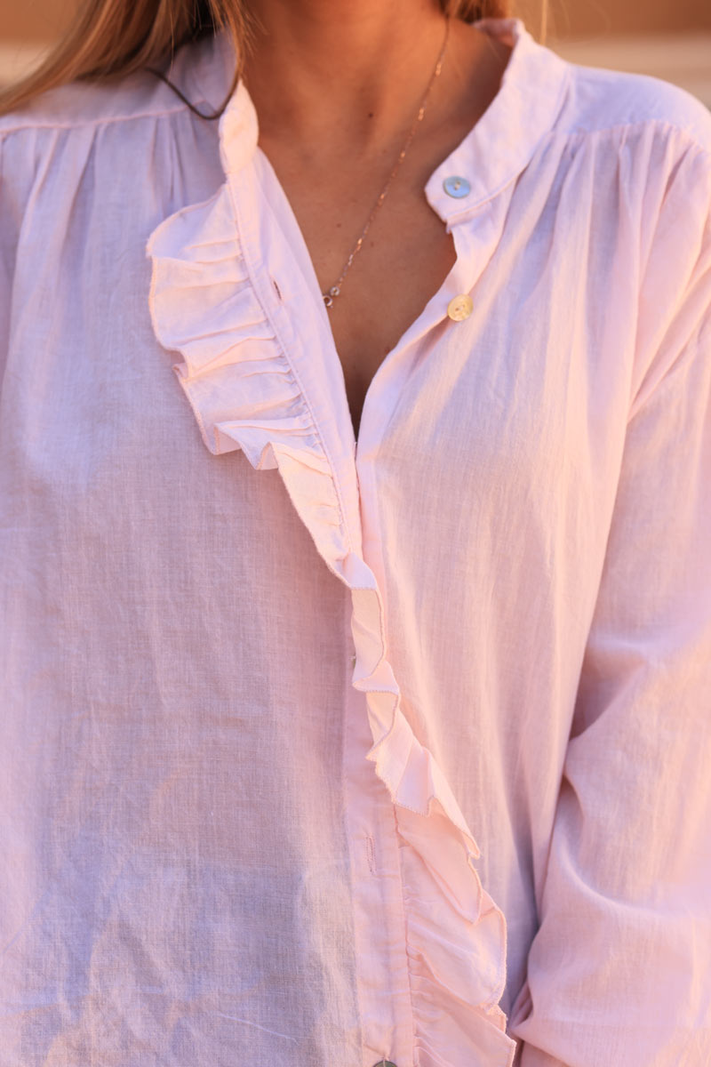 Oversized powder pink shirt with frill collar and button seams