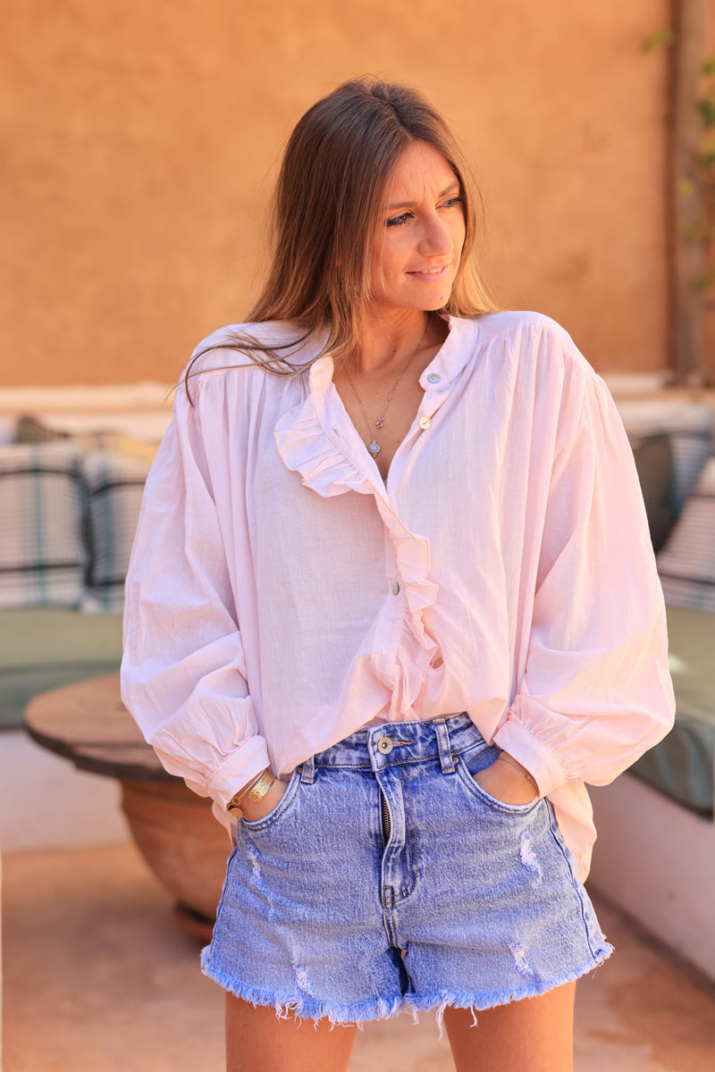 Oversized powder pink shirt with frill collar and button seams