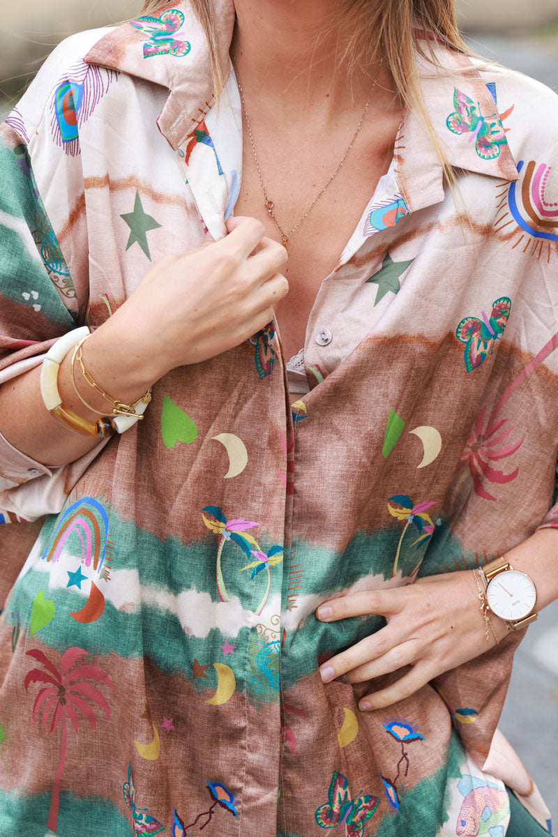 Brown and khaki tie-dye satin shirt with symbols