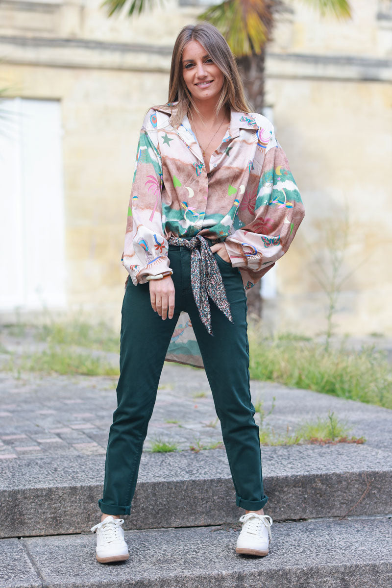 Chemise loose satinée symboles et rayures tie and dye marron et kaki