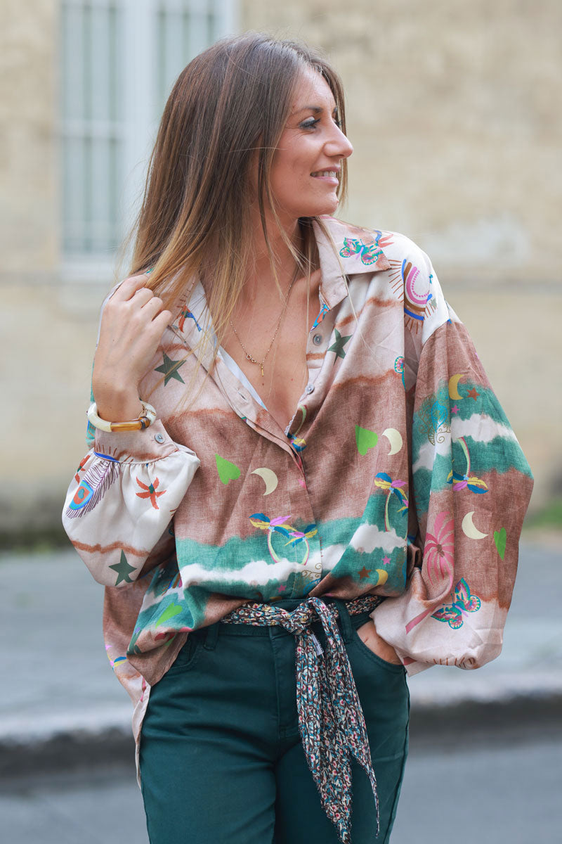 Brown and khaki tie-dye satin shirt with symbols