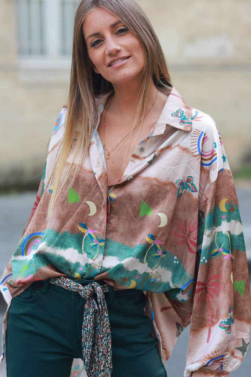 Brown and khaki tie-dye satin shirt with symbols