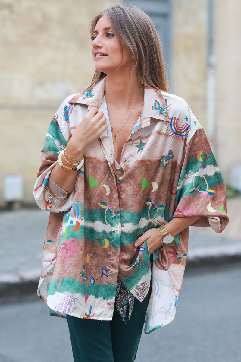 Brown and khaki tie-dye satin shirt with symbols