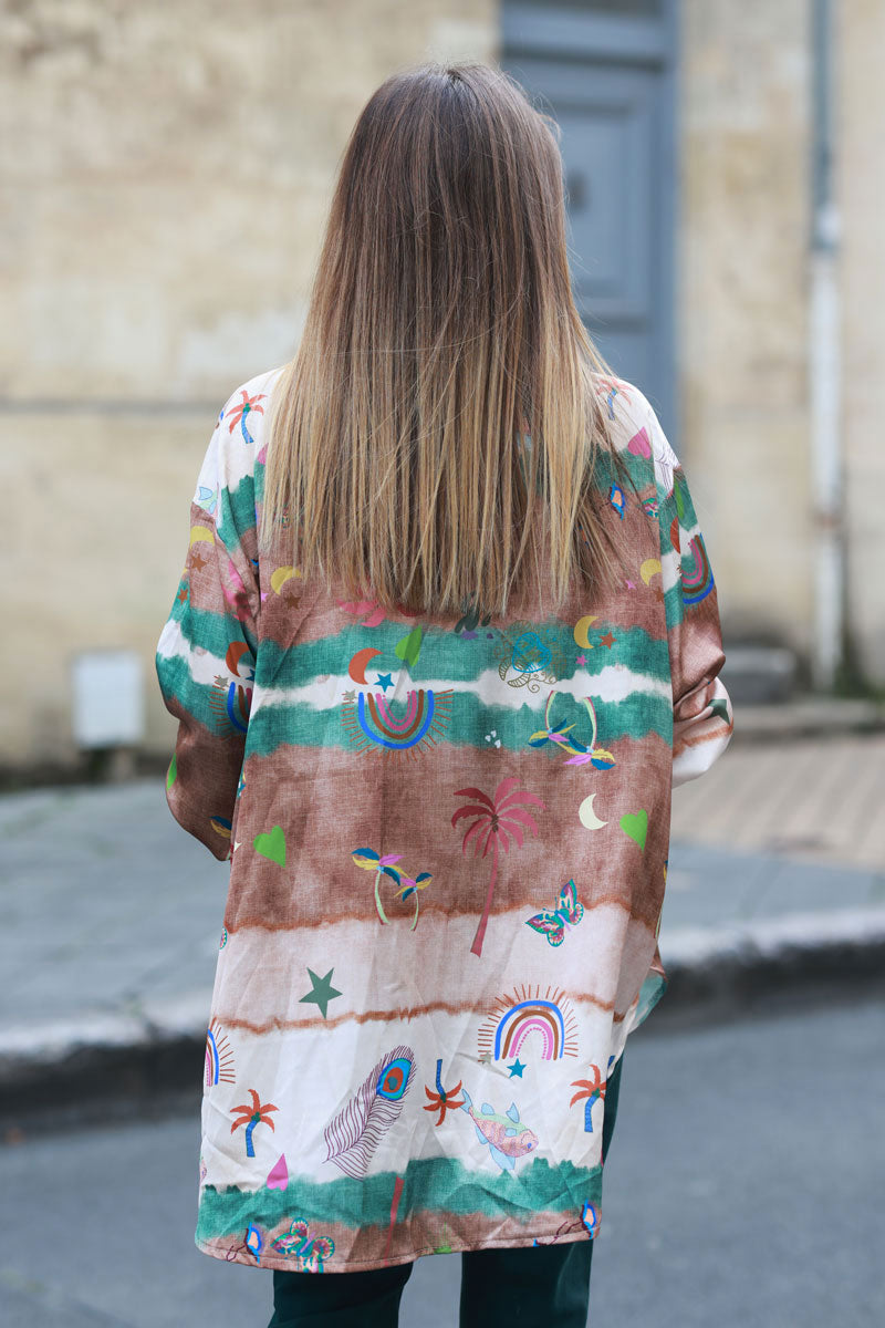 Chemise loose satinée symboles et rayures tie and dye marron et kaki