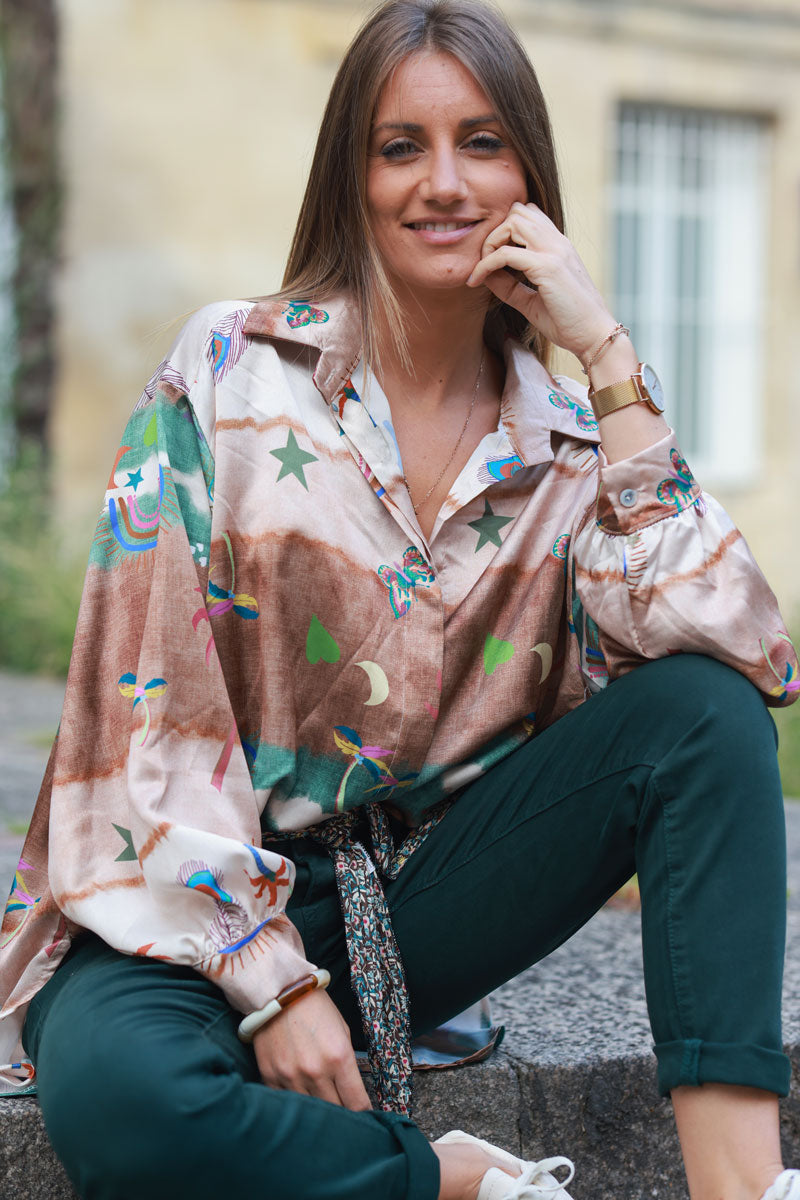 Brown and khaki tie-dye satin shirt with symbols