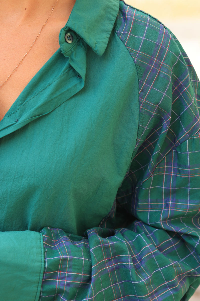 Green floaty cotton shirt with tartan print sleeves