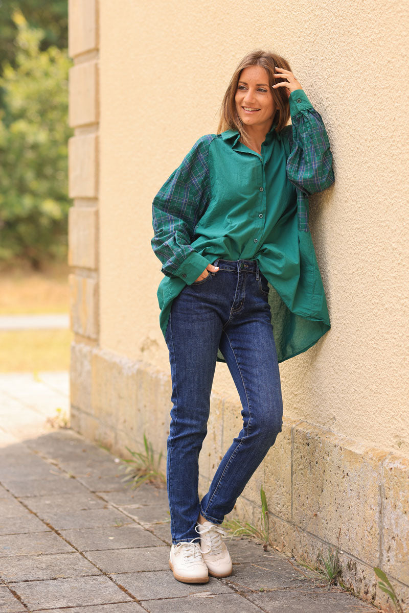 Green floaty cotton shirt with tartan print sleeves