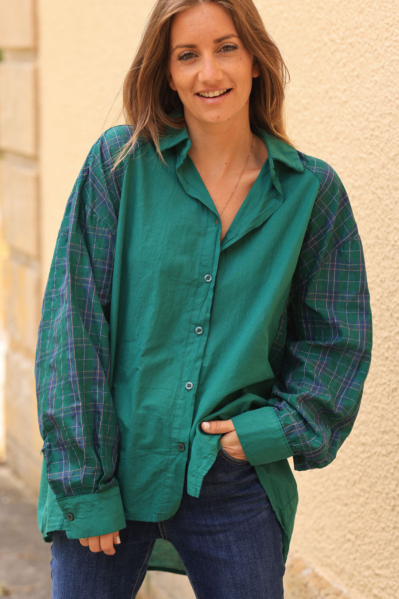 Green floaty cotton shirt with tartan print sleeves