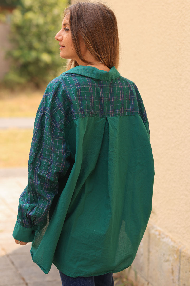 Green floaty cotton shirt with tartan print sleeves