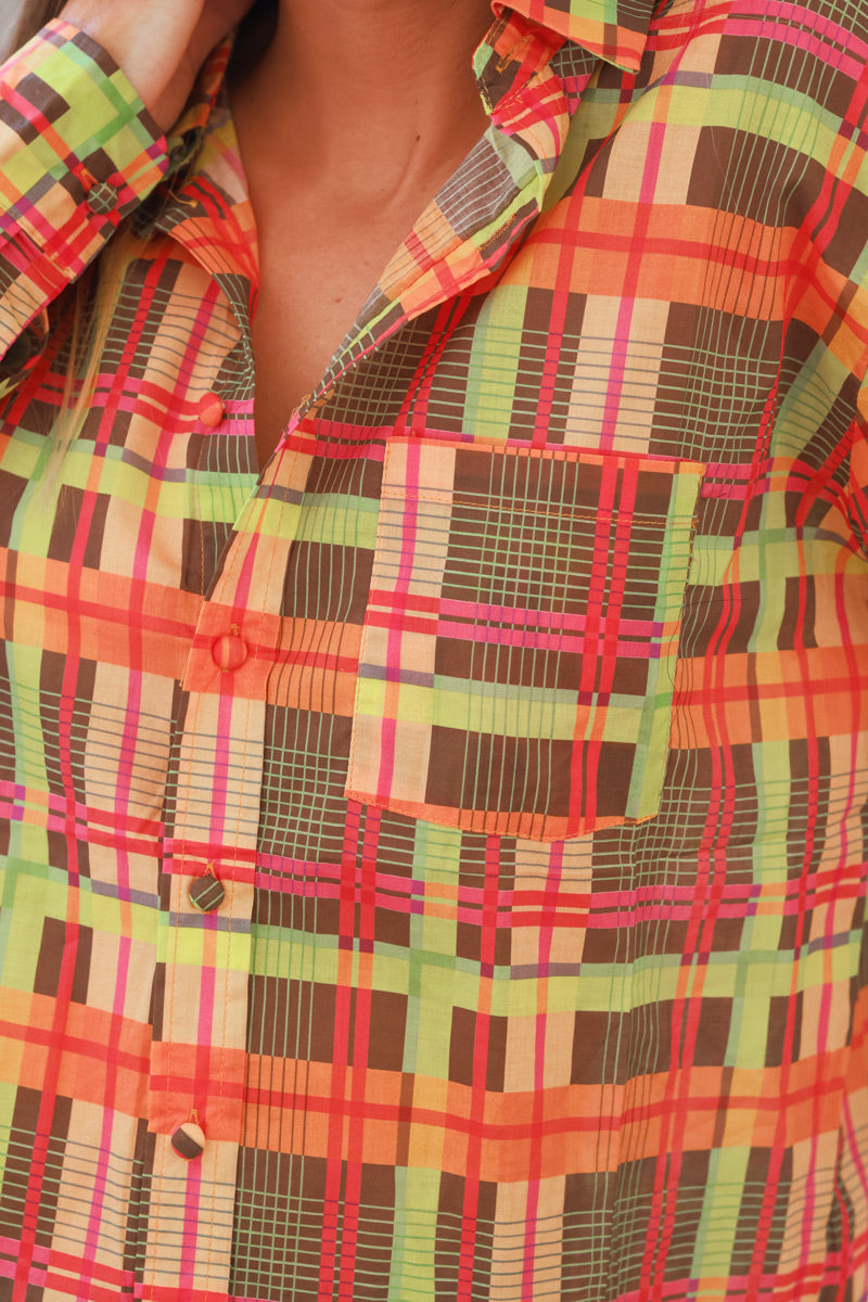 Pink Neon Plaid Button Down Shirt