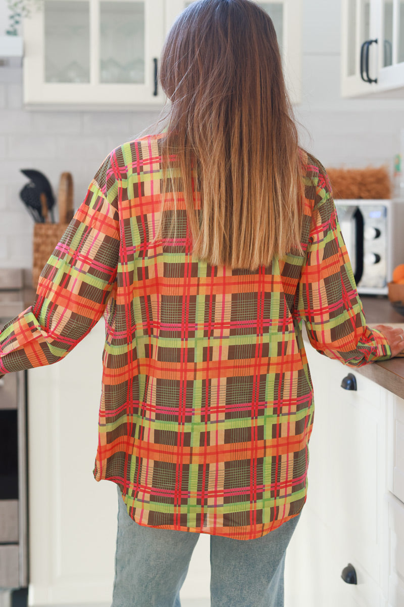 Pink Neon Plaid Button Down Shirt