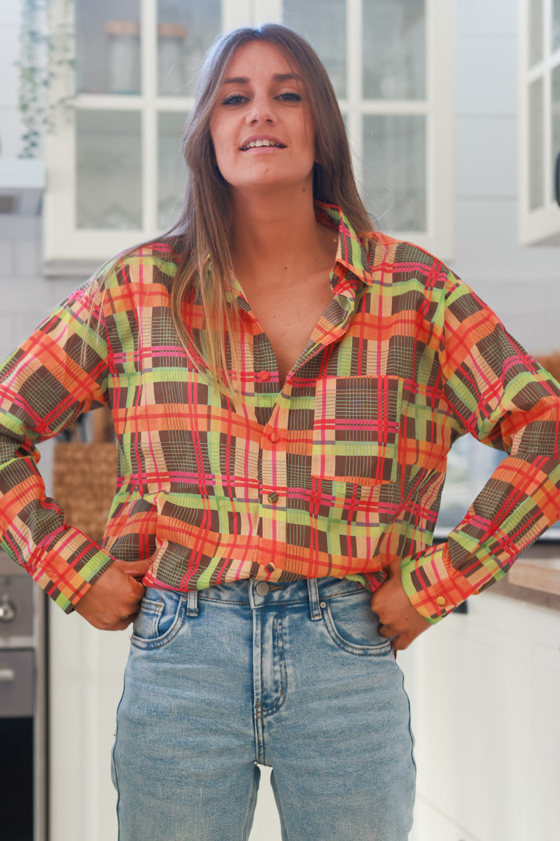 Pink Neon Plaid Button Down Shirt