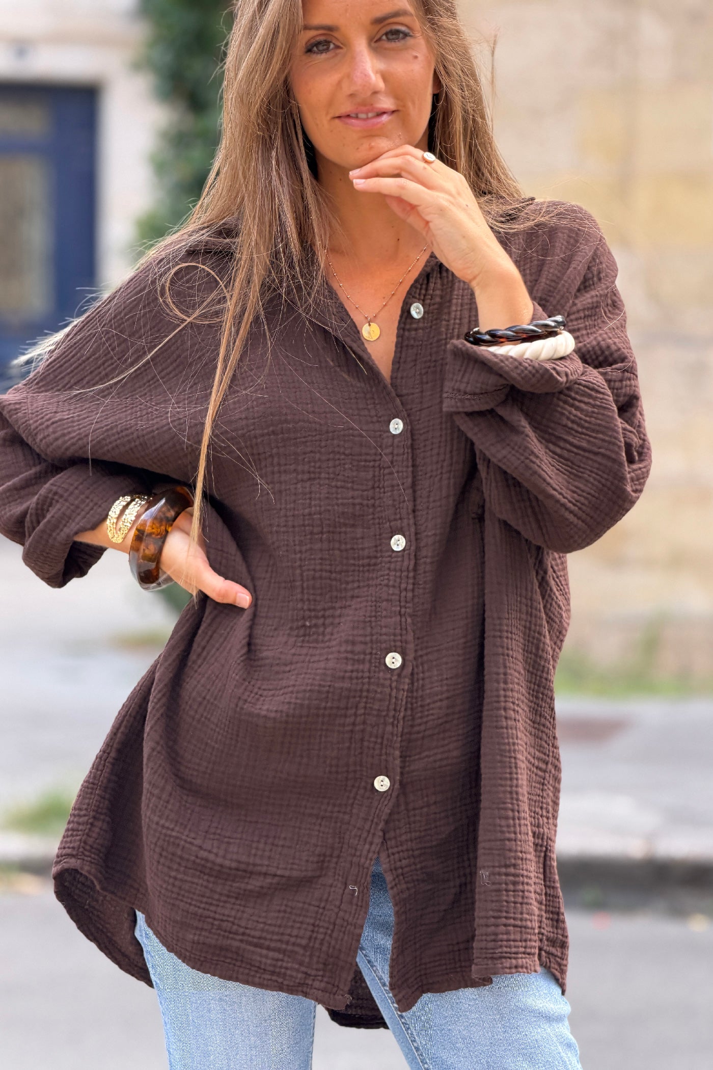 Brown Crinkle Gauze Button-Down Beach Shirt