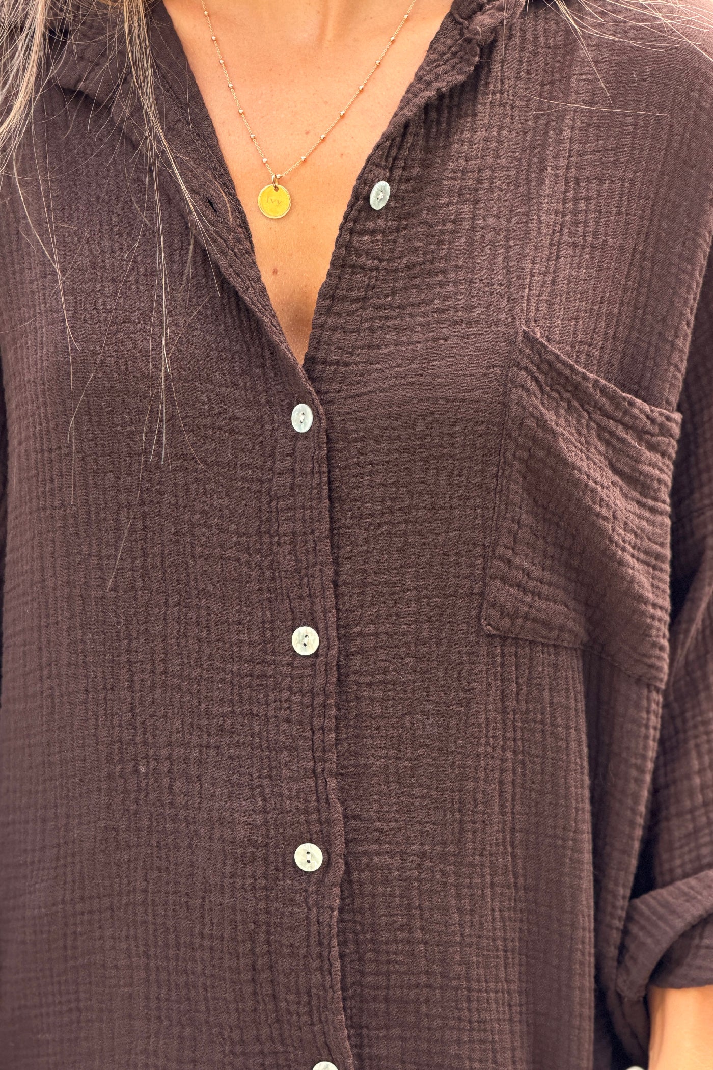 Brown Crinkle Gauze Button-Down Beach Shirt