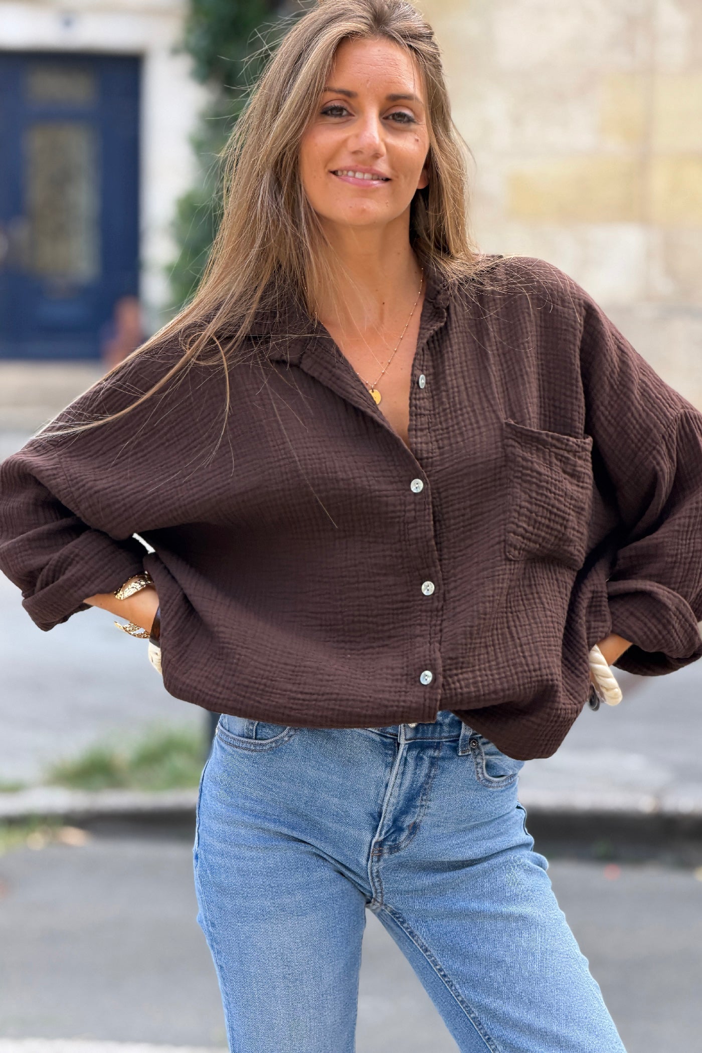 Brown Crinkle Gauze Button-Down Beach Shirt
